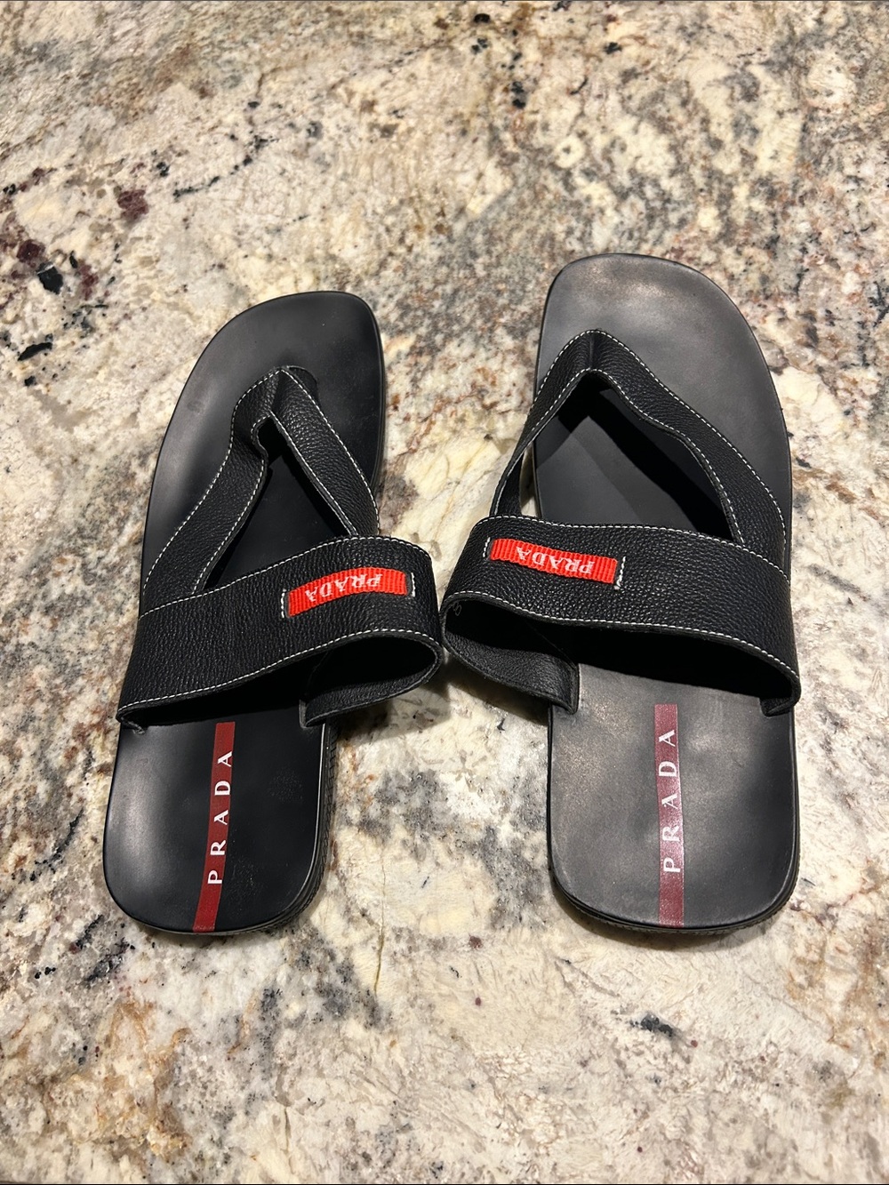 Prada Black Leather & Fabric Men's Slide Sandals with Red Logo Detail